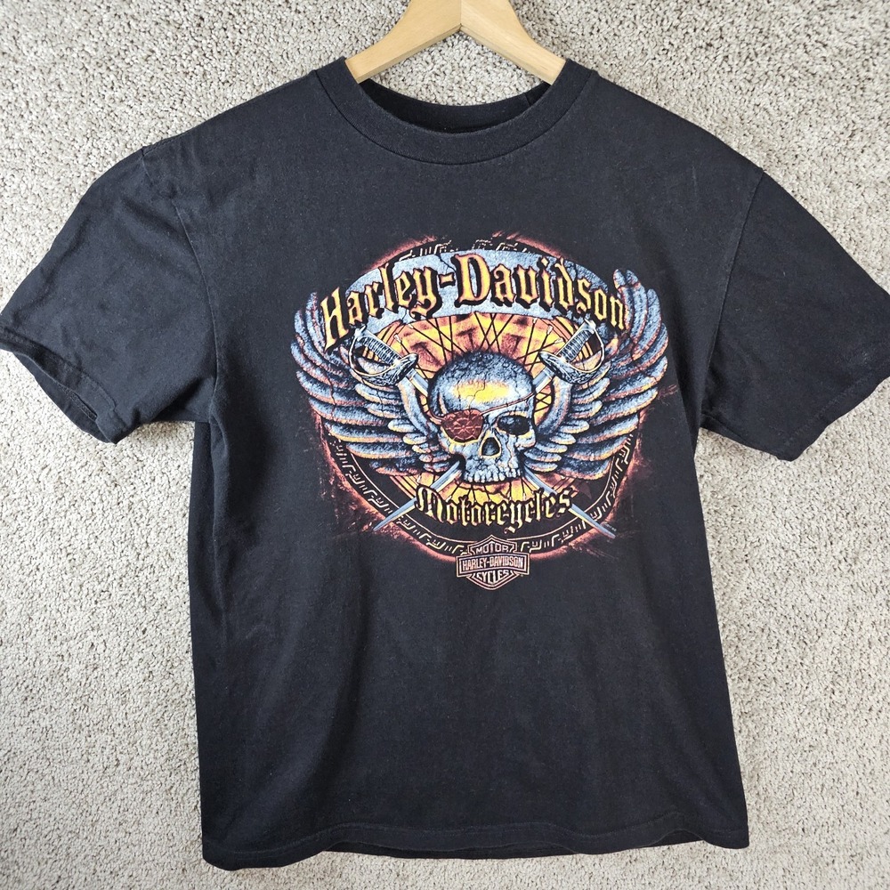 Harley Davidson Pirate Skull Sword Cross Black Shirt Size Large Duluth MN